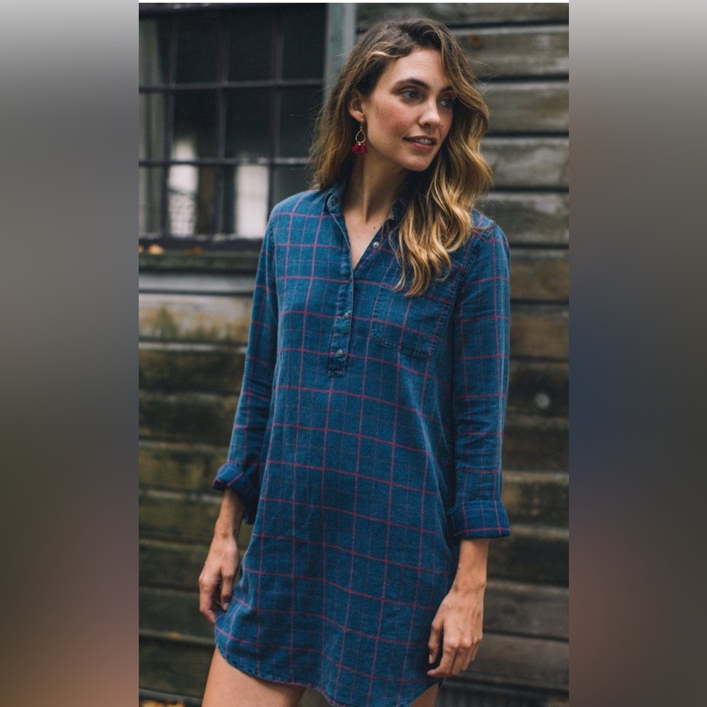 Faherty Lighthouse Shirtdress Long Sleeve Button-Up Dress Windowpane Small